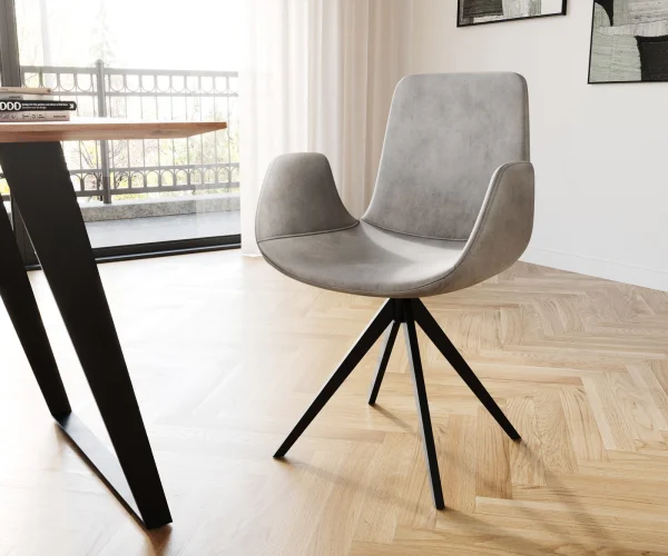 Chaise-de-salle-à-manger Ilia-Flex avec accoudoirs velours gris pied croisé angulaire noir