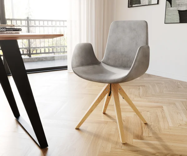 Chaise-de-salle-à-manger Ilia-Flex avec accoudoirs velours gris pied en bois anguleux naturel