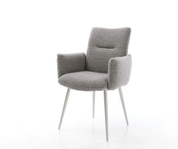 Chaise-de-salle-à-manger Jova-Flex avec accoudoirs bouclé gris argenté 4 pieds coniques acier inoxydable brossé ressorts ensachés