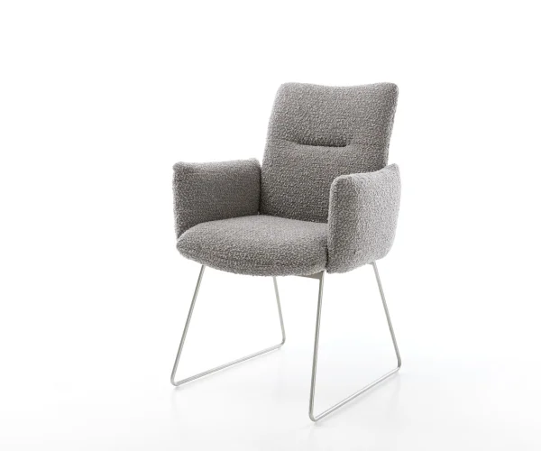 Chaise-de-salle-à-manger Jova-Flex avec accoudoirs bouclé gris argenté pied trapèze acier inoxydable brossé ressorts ensachés
