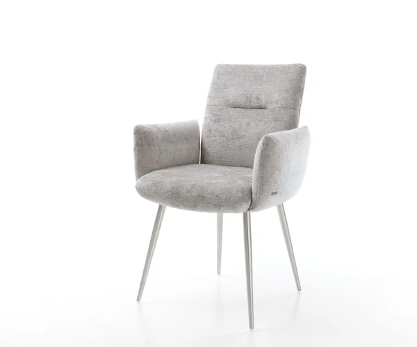 Chaise-de-salle-à-manger Jova-Flex avec accoudoirs chenille gris argenté 4 pieds coniques acier inoxydable brossé ressorts ensachés