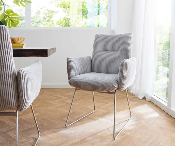 Chaise-de-salle-à-manger Jova-Flex avec accoudoirs côtelé gris argenté pied trapèze acier inoxydable brossé ressorts ensachés