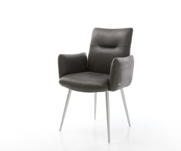 Chaise-de-salle-à-manger Jova-Flex avec accoudoirs microvelours anthracite vintage 4 pieds coniques acier inoxydable brossé ressorts ensachés