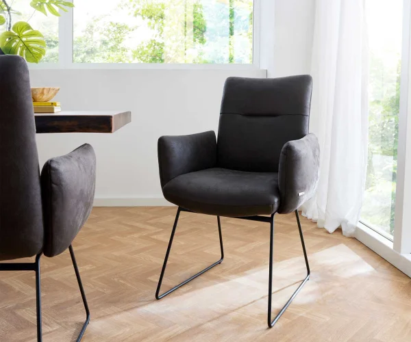 Chaise-de-salle-à-manger Jova-Flex avec accoudoirs microvelours anthracite vintage pied trapèze noir ressorts ensachés