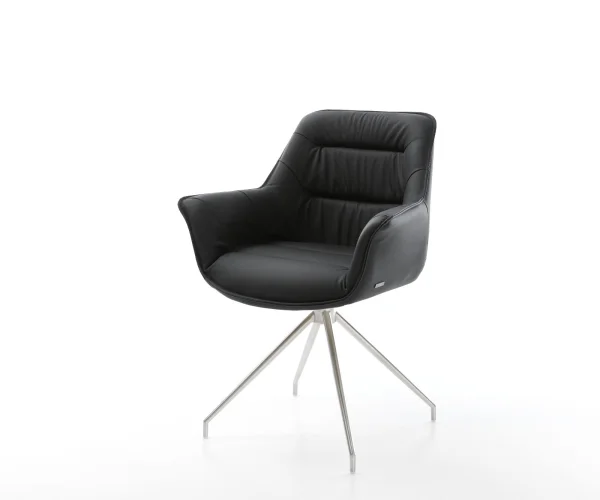 Chaise-de-salle-à-manger Kaira-Flex cuir de vache noir pied croisé conique acier inoxydable brossé