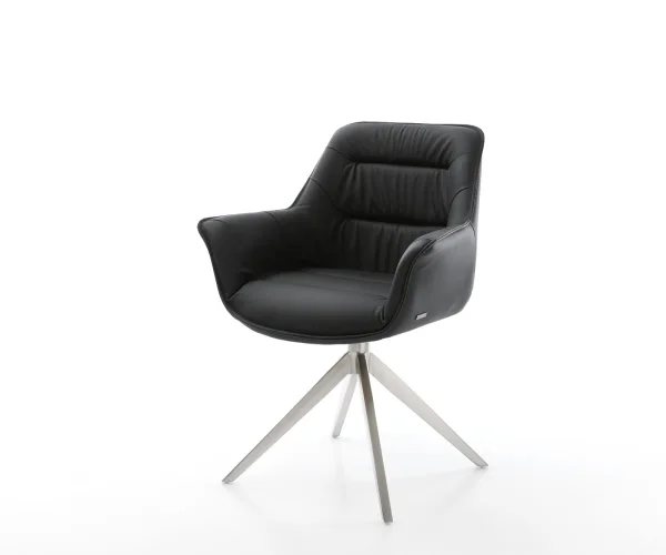 Chaise-de-salle-à-manger Kaira-Flex cuir de vache noir pied croisé large acier inoxydable brossé