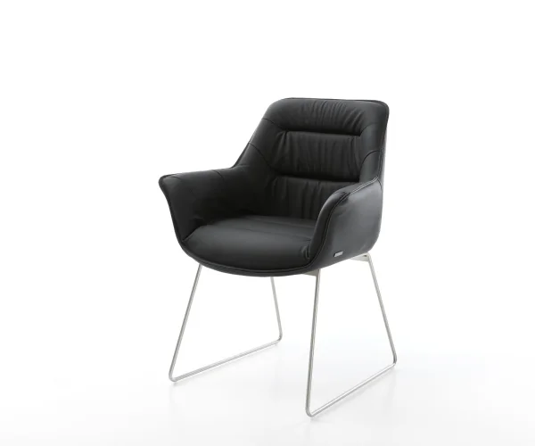 Chaise-de-salle-à-manger Kaira-Flex cuir de vache noir pied trapèze acier inoxydable brossé