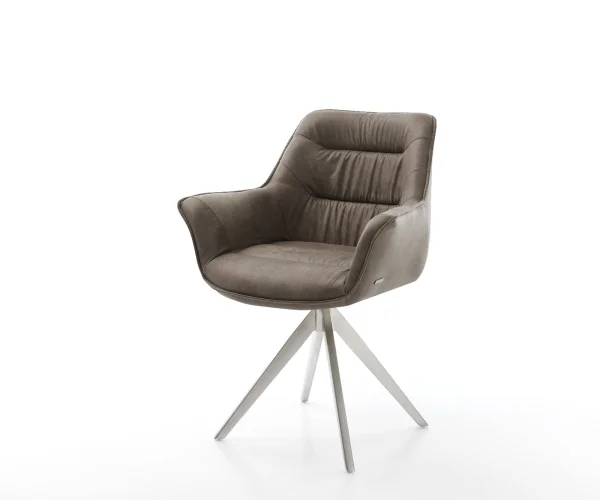 Chaise-de-salle-à-manger Kaira-Flex microvelours taupe vintage pied croisé angulaire acier inoxydable brossé