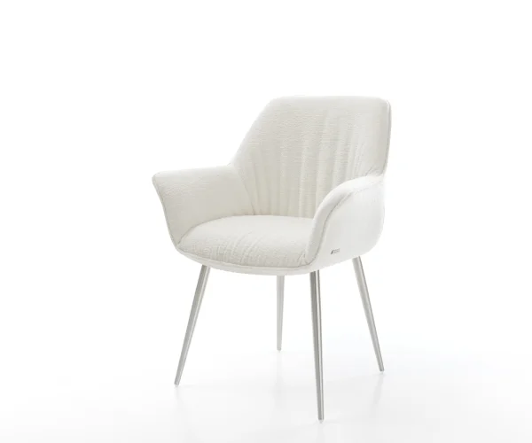 Chaise-de-salle-à-manger Keila-Flex avec accoudoirs bouclé doux beige 4 pieds coniques acier inoxydable