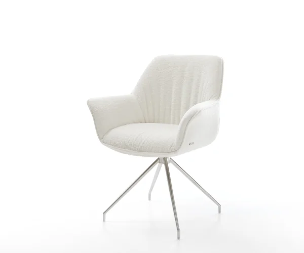 Chaise-de-salle-à-manger Keila-Flex avec accoudoirs bouclé doux beige pied croisé conique acier inoxydable