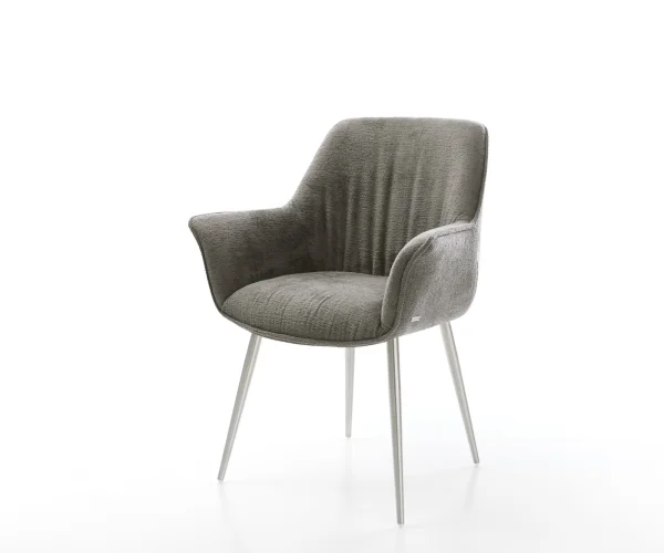 Chaise-de-salle-à-manger Keila-Flex avec accoudoirs bouclé doux couleur boue 4 pieds coniques acier inoxydable