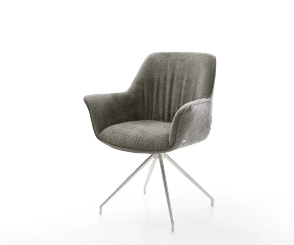 Chaise-de-salle-à-manger Keila-Flex avec accoudoirs bouclé doux couleur boue pied croisé conique acier inoxydable
