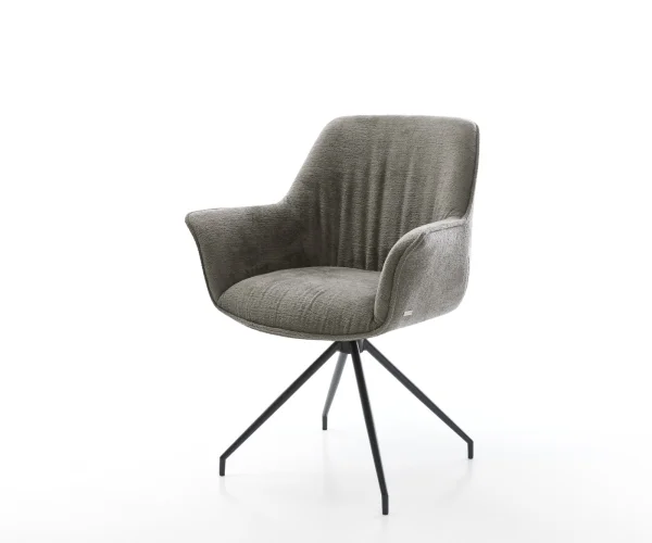 Chaise-de-salle-à-manger Keila-Flex avec accoudoirs bouclé doux couleur boue pied croisé conique noir