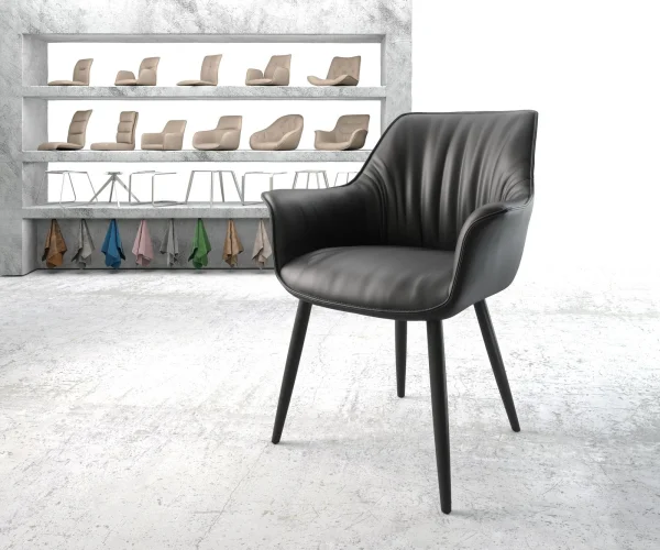 Chaise-de-salle-à-manger Keila-Flex avec accoudoirs cuir de vache noir 4 pieds coniques noir