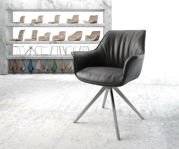 Chaise-de-salle-à-manger Keila-Flex avec accoudoirs cuir de vache noir pied croisé angulaire acier inoxydable brossé