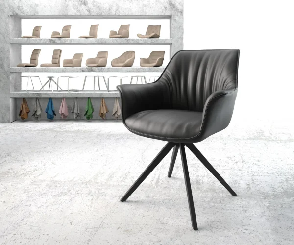 Chaise-de-salle-à-manger Keila-Flex avec accoudoirs cuir de vache noir pied croisé angulaire noir
