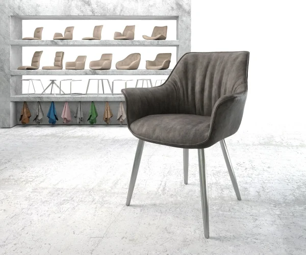 Chaise-de-salle-à-manger Keila-Flex avec accoudoirs microvelours anthracite vintage 4 pieds coniques acier inoxydable brossé