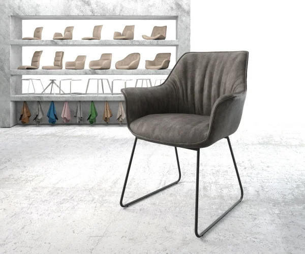 Chaise-de-salle-à-manger Keila-Flex avec accoudoirs microvelours anthracite vintage pied trapèze noir
