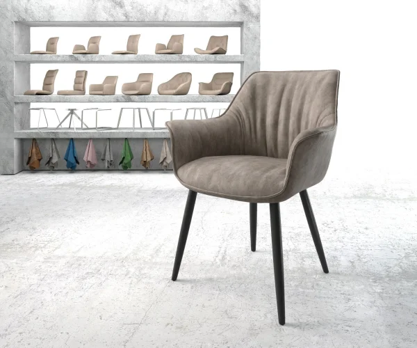 Chaise-de-salle-à-manger Keila-Flex avec accoudoirs microvelours taupe vintage 4 pieds coniques noir