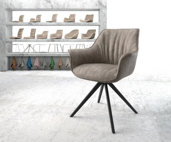 Chaise-de-salle-à-manger Keila-Flex avec accoudoirs microvelours taupe vintage pied croisé angulaire noir