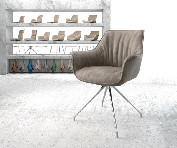 Chaise-de-salle-à-manger Keila-Flex avec accoudoirs microvelours taupe vintage pied croisé conique acier inoxydable brossé