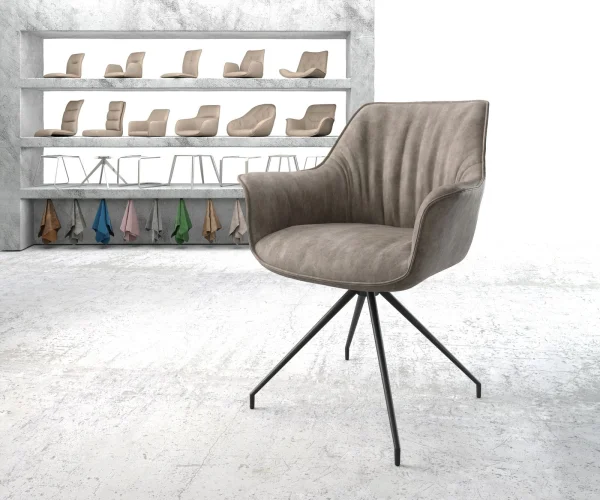 Chaise-de-salle-à-manger Keila-Flex avec accoudoirs microvelours taupe vintage pied croisé conique noir
