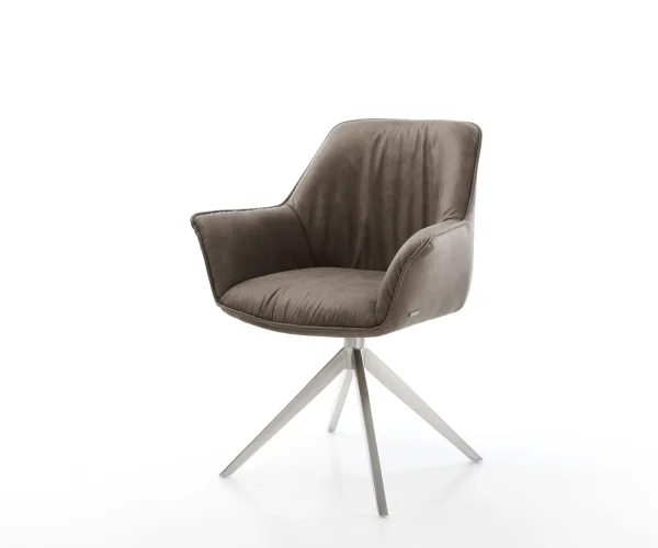 Chaise-de-salle-à-manger Keila-Flex avec accoudoirs microvelours taupe vintage pied croisé large acier inoxydable brossé