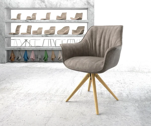 Chaise-de-salle-à-manger Keila-Flex avec accoudoirs microvelours taupe vintage pied en bois angulaire naturel