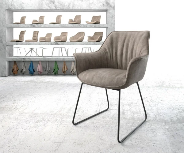 Chaise-de-salle-à-manger Keila-Flex avec accoudoirs microvelours taupe vintage pied trapèze noir