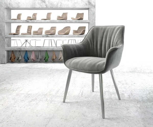 Chaise-de-salle-à-manger Keila-Flex avec accoudoirs velours gris 4 pieds coniques acier inoxydable brossé