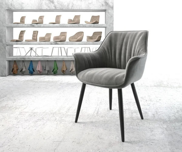 Chaise-de-salle-à-manger Keila-Flex avec accoudoirs velours gris 4 pieds coniques noir