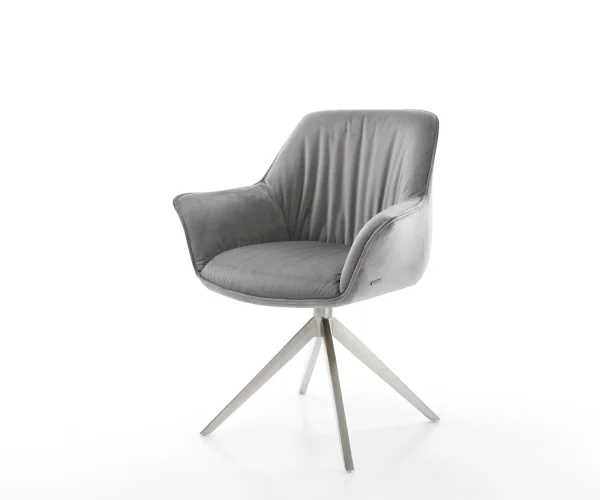 Chaise-de-salle-à-manger Keila-Flex avec accoudoirs velours gris pied croisé large acier inoxydable brossé