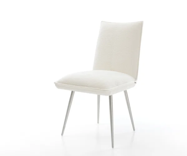 Chaise-de-salle-à-manger Lelio-Flex bouclé doux beige 4 pieds coniques acier inoxydable resorts ensachés