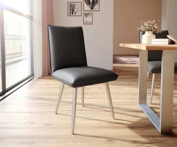 Chaise-de-salle-à-manger Lelio-Flex cuir de vache noir 4 pieds coniques acier inoxydable brossé ressorts ensachés