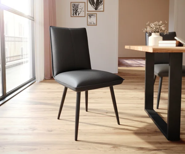Chaise-de-salle-à-manger Lelio-Flex cuir de vache noir 4 pieds coniques noir ressorts ensachés