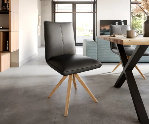Chaise-de-salle-à-manger Lelio-Flex cuir de vache noir pied en bois angulaire naturel ressorts ensachés