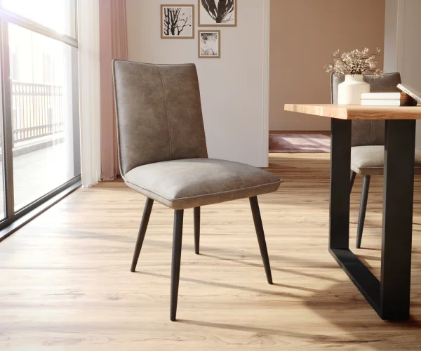Chaise-de-salle-à-manger Lelio-Flex microvelours taupe vintage 4 pieds coniques noir ressorts ensachés