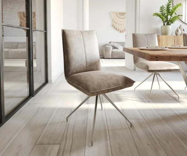 Chaise-de-salle-à-manger Lelio-Flex microvelours taupe vintage pied croisé conique acier inoxydable brossé ressorts ensachés