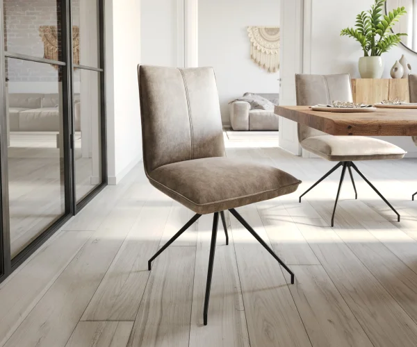 Chaise-de-salle-à-manger Lelio-Flex microvelours taupe vintage pied croisé conique noir ressorts ensachés