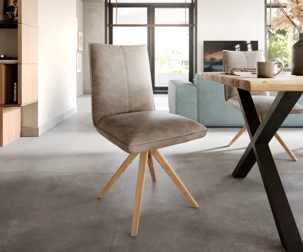 Chaise-de-salle-à-manger Lelio-Flex microvelours taupe vintage pied en bois angulaire naturel ressorts ensachés