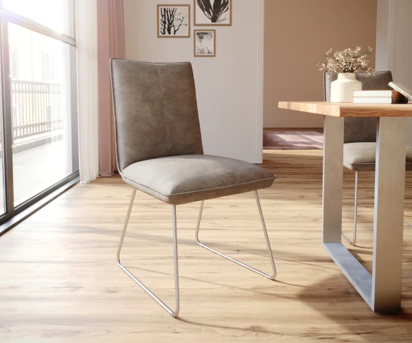 Chaise-de-salle-à-manger Lelio-Flex microvelours taupe vintage pied trapèze acier inoxydable brossé ressorts ensachés