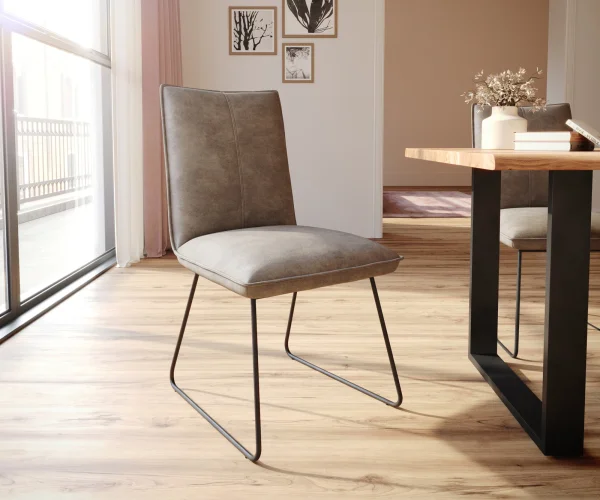 Chaise-de-salle-à-manger Lelio-Flex microvelours taupe vintage pied trapèze noir ressorts ensachés