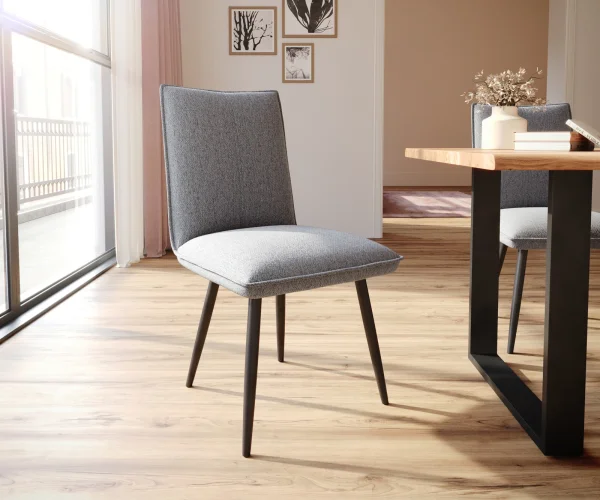Chaise-de-salle-à-manger Lelio-Flex tissu texturé gris clair 4 pieds coniques noir ressorts ensachés
