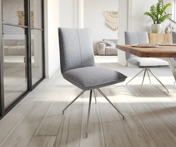 Chaise-de-salle-à-manger Lelio-Flex tissu texturé gris clair pied croisé conique acier inoxydable brossé ressorts ensachés