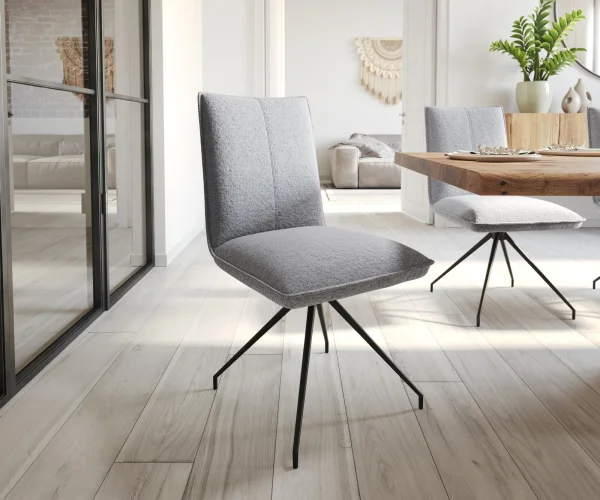 Chaise-de-salle-à-manger Lelio-Flex tissu texturé gris clair pied croisé conique noir ressorts ensachés