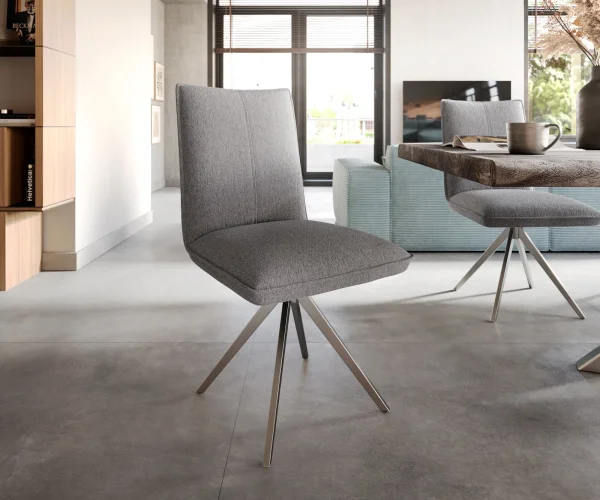 Chaise-de-salle-à-manger Lelio-Flex tissu texturé gris clair pied croisé large acier inoxydable brossé ressorts ensachés