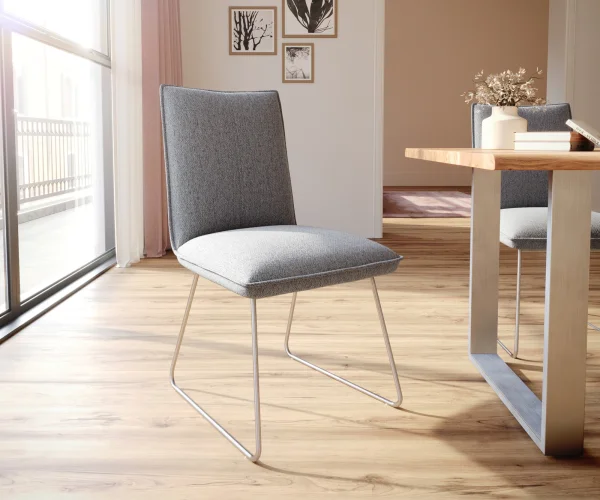 Chaise-de-salle-à-manger Lelio-Flex tissu texturé gris clair pied trapèze acier inoxydable brossé ressorts ensachés