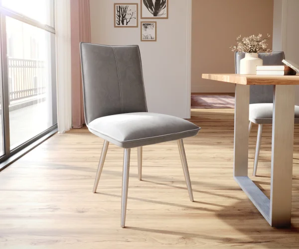 Chaise-de-salle-à-manger Lelio-Flex velours gris 4 pieds coniques acier inoxydable brossé ressorts ensachés