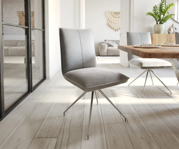 Chaise-de-salle-à-manger Lelio-Flex velours gris pied croisé conique acier inoxydable brossé ressorts ensachés