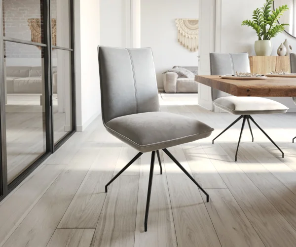Chaise-de-salle-à-manger Lelio-Flex velours gris pied croisé conique noir ressorts ensachés